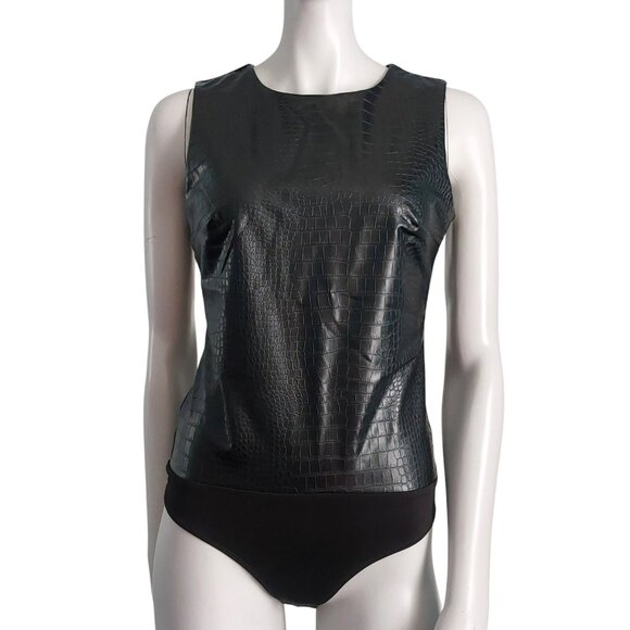 Black Faux Leather Bodysuit M Tank Top Croc Embossed Basic Layer Edgy EXPRESS - Picture 14 of 14
